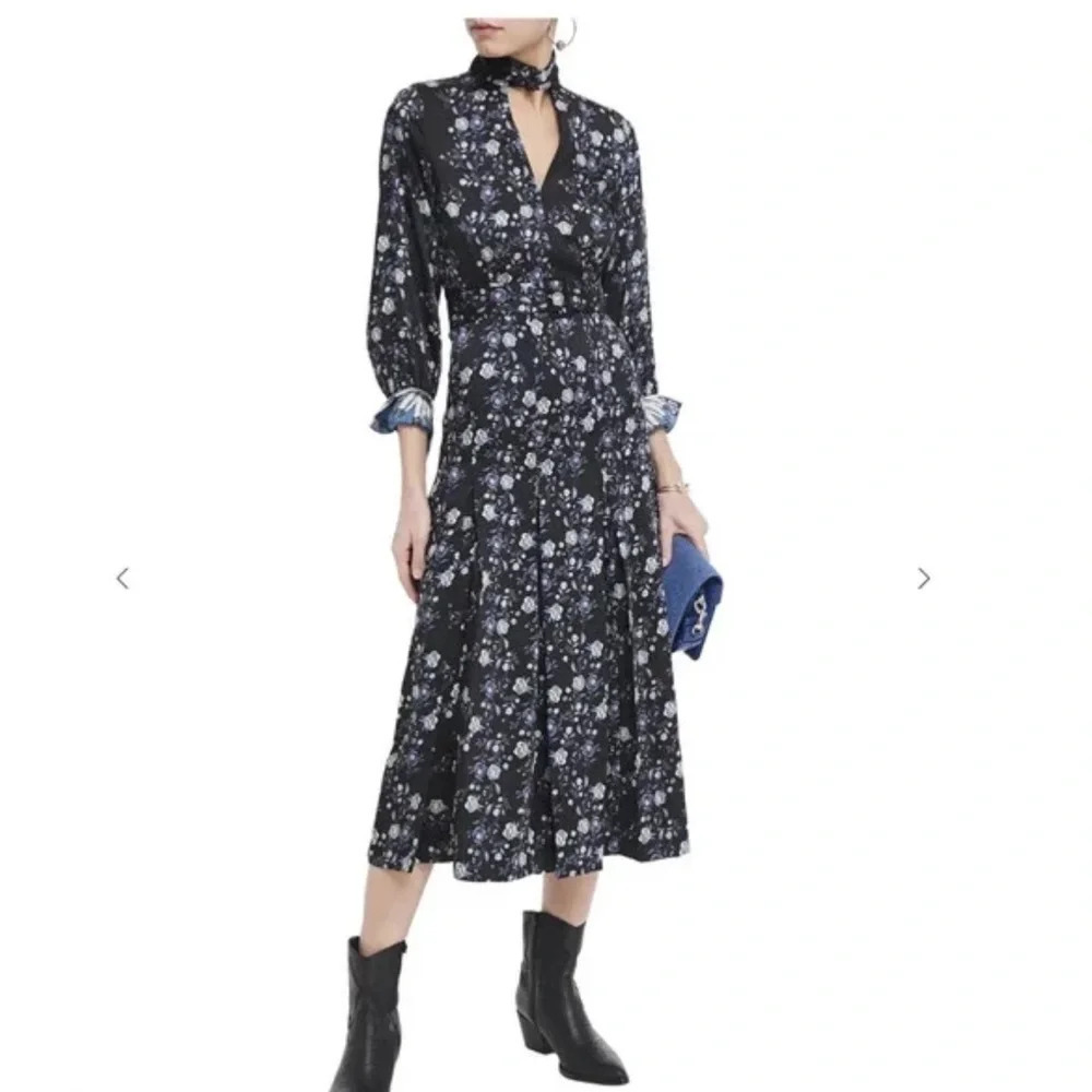 SANDRO BONNY CUT OUT BLUE FLORAL SATIN MIDI DRESS